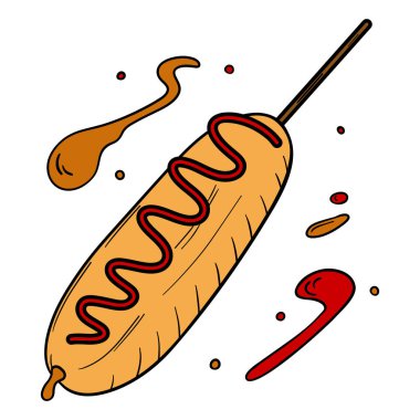 Klasik sosisli Amerikan mutfağı sokak yemeği. Ketçap ve hardalla lezzetliymiş. İştah açıcı barbekü taslak sanatı