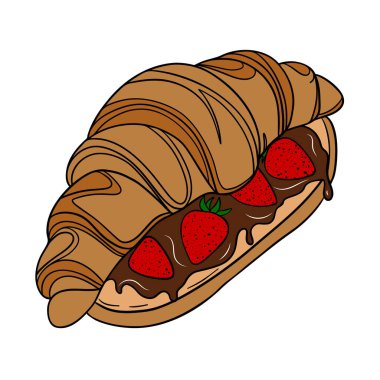 Taze fırın kruvasanı. Tatlı sabah Fransız mutfağı kahvaltısı. Çikolata ve çilekli kruvasan fırın menüsü. Taze tatlı ve çikolata sosu. İştah açıcı ve lezzetli taslak sanat