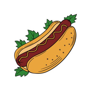 Klasik sosisli Amerikan mutfağı sokak yemekleri ve yeşil salata yaprakları. Lezzetli sosisli, hardallı ya da ketçaplı lezzetli çörek. İştah açıcı barbekü taslak sanatı