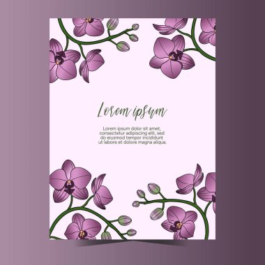 Orkide, canavar yaprakları ve palmiye dalları içeren zarif tropikal flora kartı davetiyesi. Dekoratif bitki tasarımı