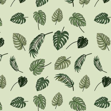 Canavarlar ve palmiye yapraklarıyla kusursuz bir batanik yapı. Yeşil yapraklı organik duvar kağıdı