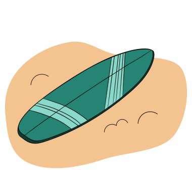 Yaz plajı cennet zamanı yeşil sörf tahtası. Cennet çizgi film koleksiyonu. Kartlar, posterler, afişler için el çizimi yaz zamanı