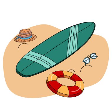 Yaz plajı cennet manzarası. Cennet çizgi film koleksiyonu. Kartlar, posterler, afişler için el çizimi yaz zamanı