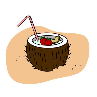 Yaz plajı cennet elemanı hindistan cevizi kokteyli koleksiyonu. Çizgi film koleksiyonu. Kartlar, posterler, afişler için el çizimi yaz zamanı