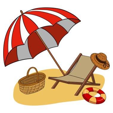 Yaz plajı cennet manzarası. Cennet çizgi film koleksiyonu. Kartlar, posterler, afişler için el çizimi yaz zamanı