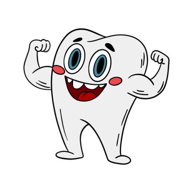 Güçlü kas gücü ve sağlığın elle çizilmiş bir örneği. Eğlenceli ve eğitici tasarım kaslı sağlıklı bir dişi temsil ediyor, çocukların diş eğitimi için ideal.