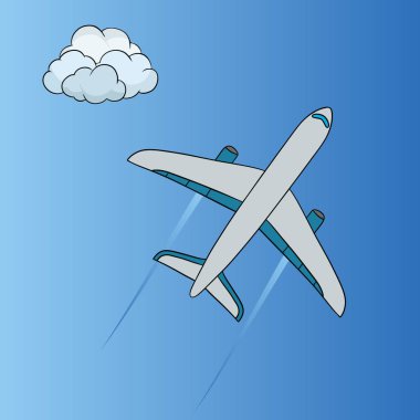 Uçak. Uçak tipi hava taşımacılığı. Seyahat ikonu oyuncak uçak el çizimi gökyüzü ve bulutlar