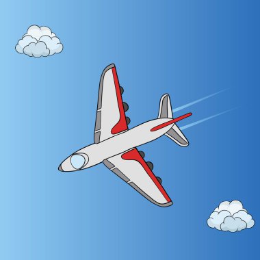 Uçak. Uçak tipi hava taşımacılığı. Seyahat ikonu oyuncak uçak el çizimi gökyüzü ve bulutlar
