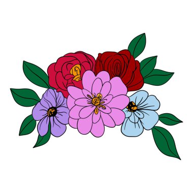 El çizimi yaz mahsulü çiçek açan desenli süslemeler. Renkli amberçiçeği ve gül