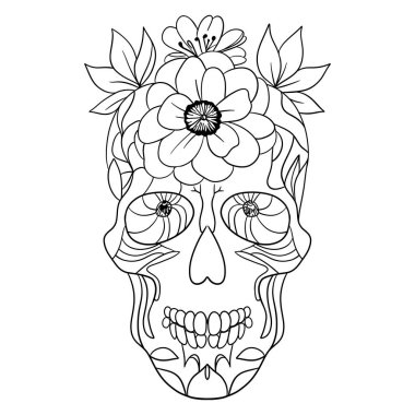 Kafatası çiçekleri. Yapraklı botanik çiçeği iskeleti. Kurukafa çizgisi, el çizimi dekorasyonu.