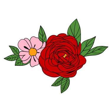 El çizimi yaz mevsimi çiçekleri buket çiçekleri ve dizayn için gül elementleri.