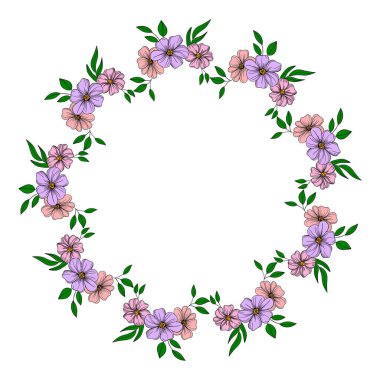 El çizimi yaz çiçekleri çiçek buketi dekoru için pembe ve mor desenli desenli çelenkler