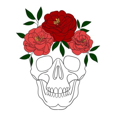 Kurukafa çiçekli bitki. Yapraklı botanik çiçeği iskeleti. Kurukafa çizgisi, el çizimi dekorasyonu.