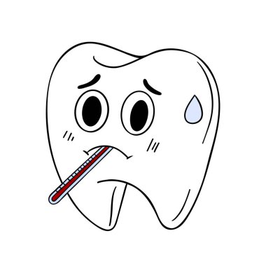 Ağzında termometre tutan sevimli üzgün bir dişin el çizimi. Diş ağrısı ya da hastalığı olan etkileyici bir karakter.