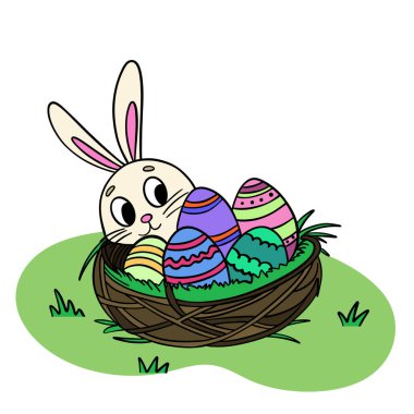 Yuvada sevimli bir tavşan ve yumurtaların olduğu el yapımı Paskalya çizimi. Paskalya tasarımları için uygun bahar tatili sanat eserleri