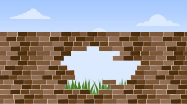 Mimari duvar inşaatı. Kırık tuğlalı kahverengi desenli arka plan, gökyüzü ve çimen manzaralı ve yeşil manzaralı.