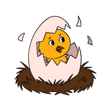 Elle çizilmiş Paskalya illüstrasyonunda yumurtadan çıkan tatlı bir civciv görülüyor. Neşeli bahar sanat eserleri Paskalya için ideal