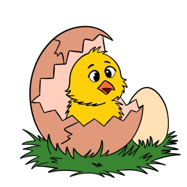 Elle çizilmiş Paskalya illüstrasyonunda yumurtadan çıkan tatlı bir civciv görülüyor. Neşeli bahar sanat eserleri Paskalya için ideal