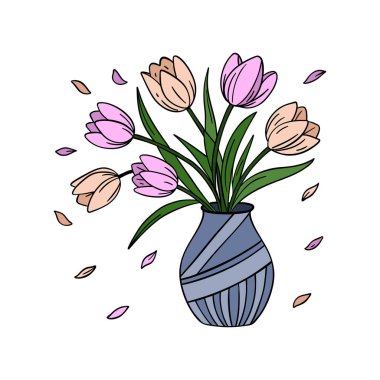 Bir vazoda sergilenen taze lalelerin el çizimi, zarif ve rahat bir kompozisyonda bahar çiçeklerinin güzelliğini yakalıyor.