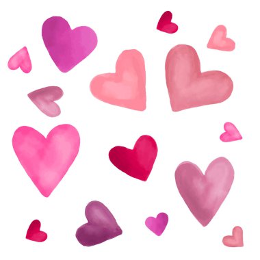 El yapımı suluboya kalp çizimi. Yumuşak suluboya ile boyanmış romantik kalpler koleksiyonu