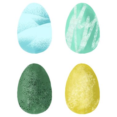 Paskalya yumurtaları elle çizilmiş suluboya resimler. Yumuşak suluboya stilinde yaratılmış renkli yumurta koleksiyonu