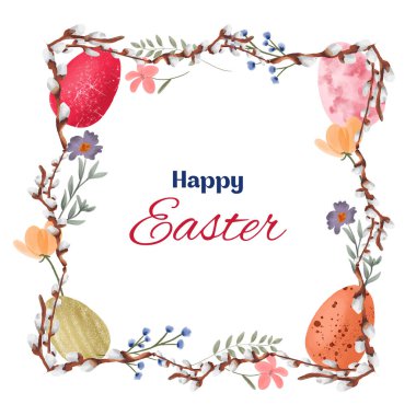 Paskalya süsleriyle söğüt dallarından yapılmış bir Paskalya çelenginin elle çizilmiş suluboya çizimi. Mutlu Paskalyalar