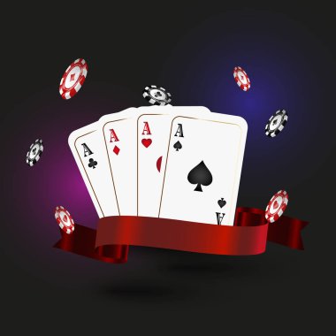 Oyun kartları, poker fişleri, şanslı 777 sembol ve ayrıntılı, yüksek kalitede klasik kumar unsurları içeren gerçekçi kumarhane posteri ya da afiş tasarımı. Bu canlı gibi görünen kumarhane kompozisyonu