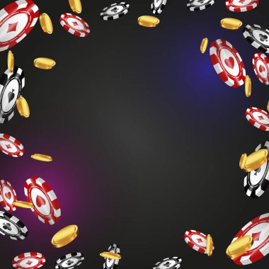 Oyun kartları, poker fişleri, şanslı 777 sembol ve ayrıntılı, yüksek kalitede klasik kumar unsurları içeren gerçekçi kumarhane posteri ya da afiş tasarımı. Bu canlı gibi görünen kumarhane kompozisyonu