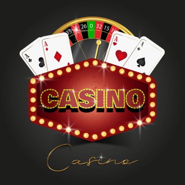 Oyun kartları, poker fişleri, şanslı 777 sembol ve ayrıntılı, yüksek kalitede klasik kumar unsurları içeren gerçekçi kumarhane posteri ya da afiş tasarımı. Bu canlı gibi görünen kumarhane kompozisyonu