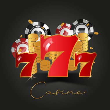 Tüm önemli kumarhane unsurlarının olduğu gerçekçi bir poster 777 büyük ikramiye, poker fişleri, bozuk paralar ve rulet çarkı. Yüksek kalite, reklam, online kumar siteleri, promosyon materyalleri, sosyal medya, posterler ve markalaşma