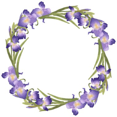 Elle boyanmış suluboya çiçek çerçevesi ve mor ve mavi tonlarda zarif iris çiçeklerinin yer aldığı çelenk çizimi. Botanik bileşimi