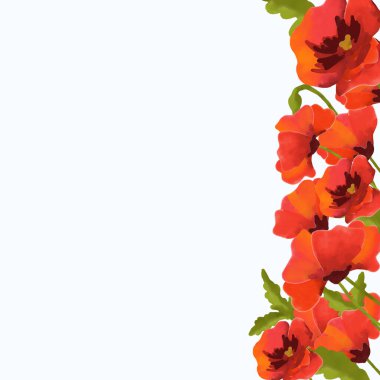 Elle boyanmış haşhaş çiçekli çerçevede narin yapraklı ve doğal yeşil saplı canlı kırmızı çiçekler var. Botanik sınır bileşimi