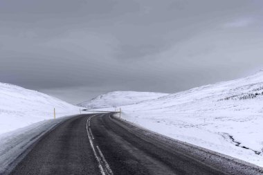 Gri gökyüzünün altındaki karları aşan dolambaçlı yollar bir yolculuk hissi yaratıyor.