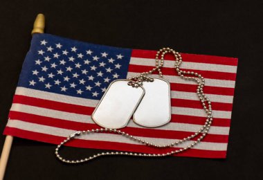 Küçük bir Birleşik Devletler bayrağının ortasında duran iki gümüş künye karanlık arka planda hatıra, cesaret ve askeri fedakarlığı temsil ediyor..