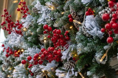 Noel çelengi kırmızı böğürtlen, çam kozalağı ve yakın plan sıcak ışıklarla süslenmiş köknar ağacından yapılmıştır..