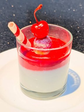 A beautifully layered Italian-style panna cotta or pudding dessert, featuring a creamy white base and a bright red fruit sauce.