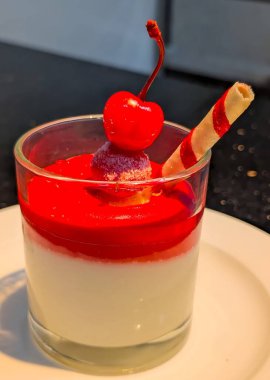 A beautifully layered Italian-style panna cotta or pudding dessert, featuring a creamy white base and a bright red fruit sauce.