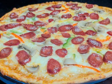 Pepperoni Pizza with Olives and Mushrooms