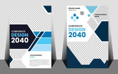 Bir kurumsal broşür veya yıllık rapor defteri kapağı için soyut geometrik tasarım, mavi ve beyaz unsurlar ve özel içerik için alan