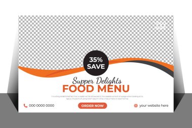 Turuncu ve siyah dalgalar bir yemek menüsü reklamını% 35 tasarruf teklifi ve sipariş düğmesiyle çerçeveletiyor..