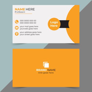 Turuncu ve beyaz tasarım elementleri olan çift taraflı kartvizit. Bir tarafta iletişim bilgileri ve bir logo yer tutucu var.