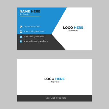 İletişim detayları için yer tutucu metin ve simgelere sahip mavi ve koyu gri bölümlerin yer aldığı bir kartvizitin iki yüzü.
