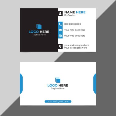 Siyah beyaz ve mavi aksanlı iki taraflı bir kartvizit tasarımı. Bir kenar iletişim simgeleri ve yer tutucu metni.