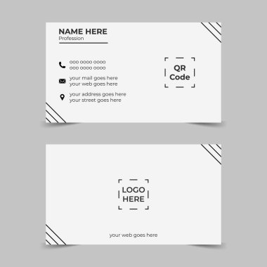 İsim, meslek, telefon, e-posta, adres ve web sitesi için siyah metin ve simgelere sahip iki beyaz kartvizit.