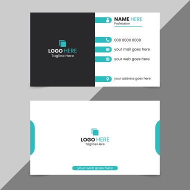 İletişim bilgileri ve simgeler için deniz mavisi aksanları içeren, siyah beyaz desenli iki taraflı bir kartvizit şablonu.