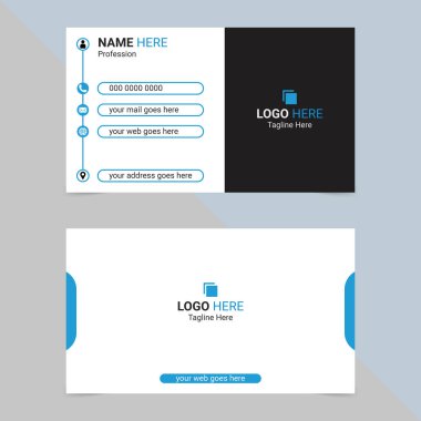 Siyah ve beyaz bölümlü çift taraflı bir kartvizit tasarımı. İletişim bilgileri ve logo için mavi simgeler ve metin yer tutucular.