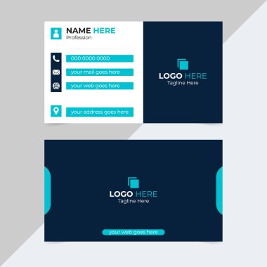 Koyu mavi ve beyaz bölümlü iki taraflı kartvizit şablonu. Cyan aksanları iletişim detayları için simgeleri ve metin alanlarını vurgular.
