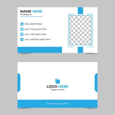 Mavi geometrik aksanlı iki taraflı beyaz kartvizit. Ön tarafta isim mesleği ve iletişim simgeleri var. Arka gösterim logosu ve etiket tutucuları.