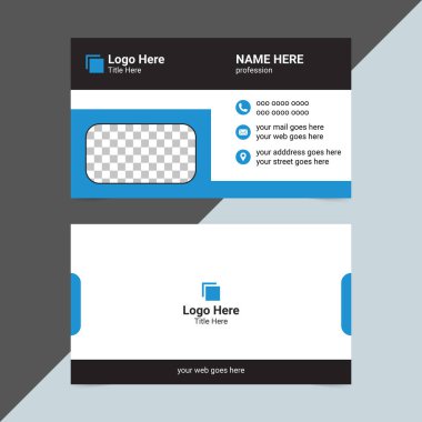 Mavi aksanlı siyah beyaz bir tasarımı olan çift taraflı bir kartvizit şablonu. Ön tarafta simgeler ile bir logo, isim, başlık ve iletişim bilgileri için boşluk var.