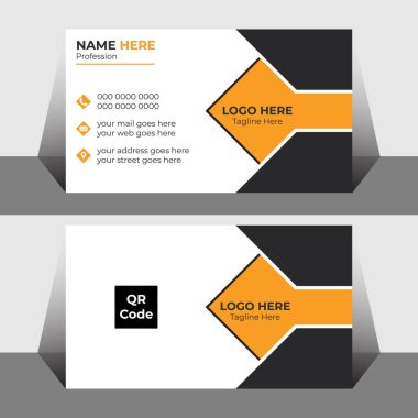 Sağ tarafında turuncu ve siyah geometrik şekiller olan beyaz bir kartvizit. Sol tarafta telefon, e- posta, ağ ve adres için metin tutucular ve simgeler var.